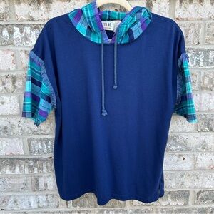 Vintage 90s Stefano International Plaid Hooded Top | 14/16W | Navy Blue